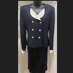 Vintage Navy Polka Dot Skirt Suit White Collar Power Suit Set